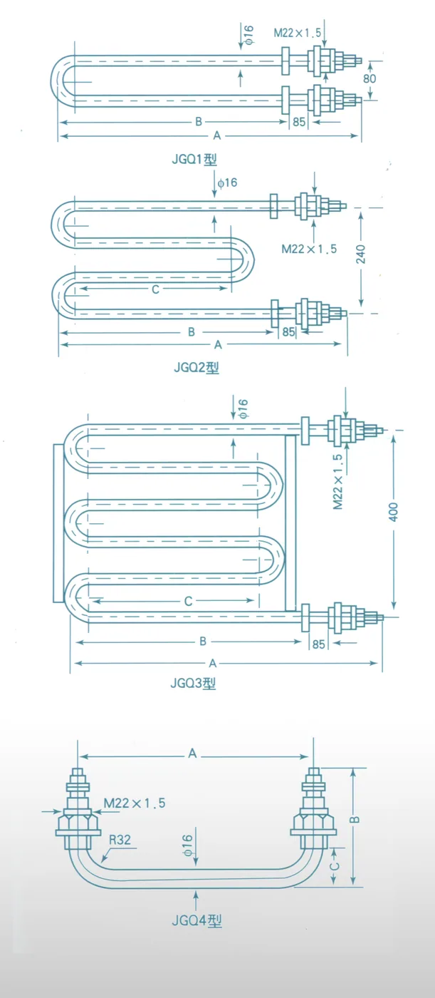 Dimensional drawings for the JGQ series showing A, B and C installation dimensions